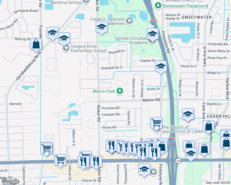 map of restaurants, bars, coffee shops, grocery stores, and more near 4524 Jade Drive West in Jacksonville