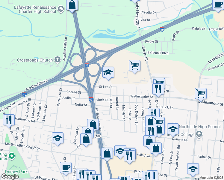 map of restaurants, bars, coffee shops, grocery stores, and more near 208 Dale Street in Lafayette