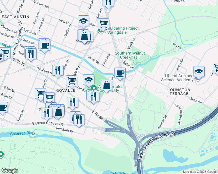 map of restaurants, bars, coffee shops, grocery stores, and more near 901 Shady Lane in Austin