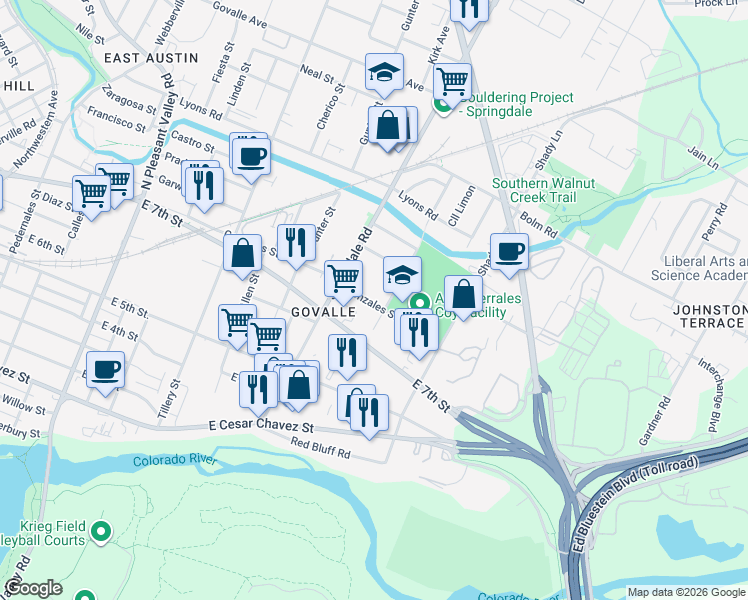 map of restaurants, bars, coffee shops, grocery stores, and more near 4704 Gonzales Street in Austin