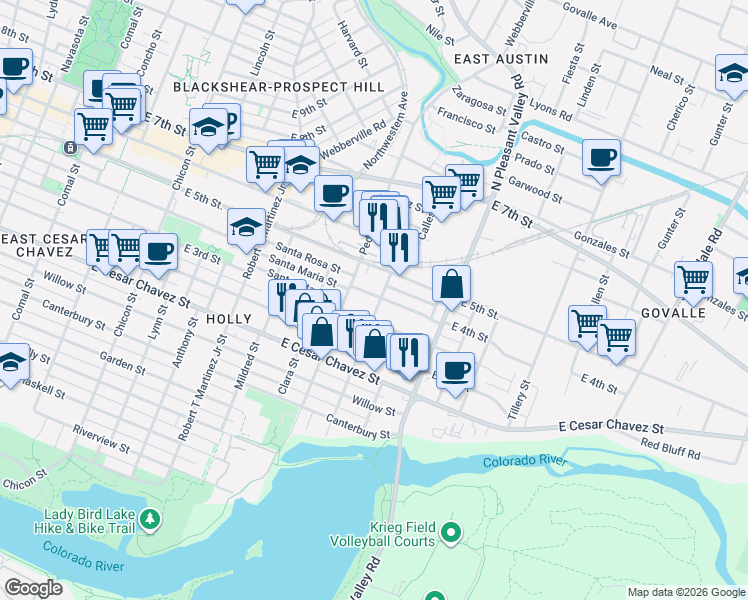 map of restaurants, bars, coffee shops, grocery stores, and more near 2519 East 4th Street in Austin