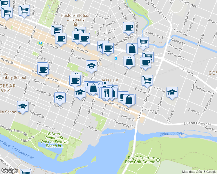 map of restaurants, bars, coffee shops, grocery stores, and more near 2328 Corta Street in Austin