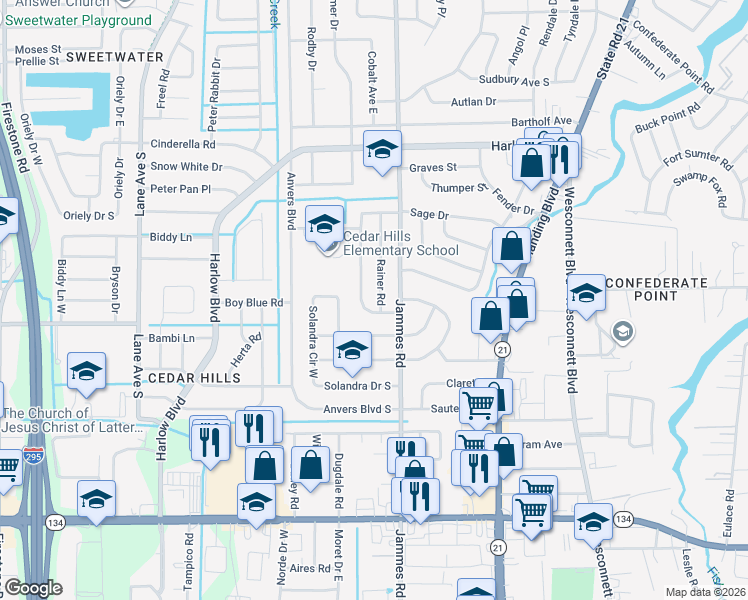 map of restaurants, bars, coffee shops, grocery stores, and more near 4531 Ish Brant Road South in Jacksonville