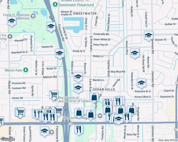 map of restaurants, bars, coffee shops, grocery stores, and more near 4532 Lane Avenue South in Jacksonville