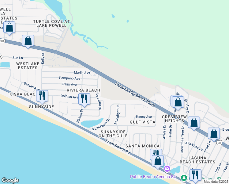 map of restaurants, bars, coffee shops, grocery stores, and more near 21301 Panama City Beach Parkway in Panama City Beach