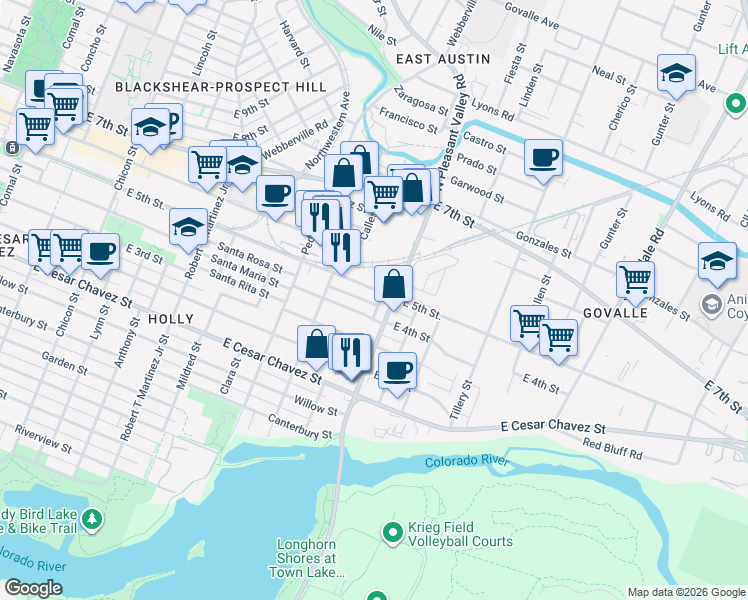 map of restaurants, bars, coffee shops, grocery stores, and more near in Austin