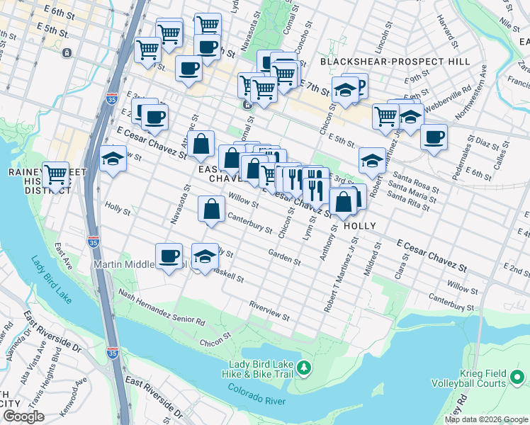 map of restaurants, bars, coffee shops, grocery stores, and more near 1707 Willow Street in Austin