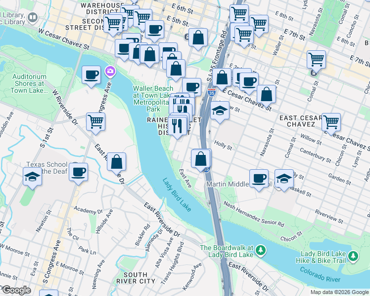 map of restaurants, bars, coffee shops, grocery stores, and more near 51 East Avenue in Austin