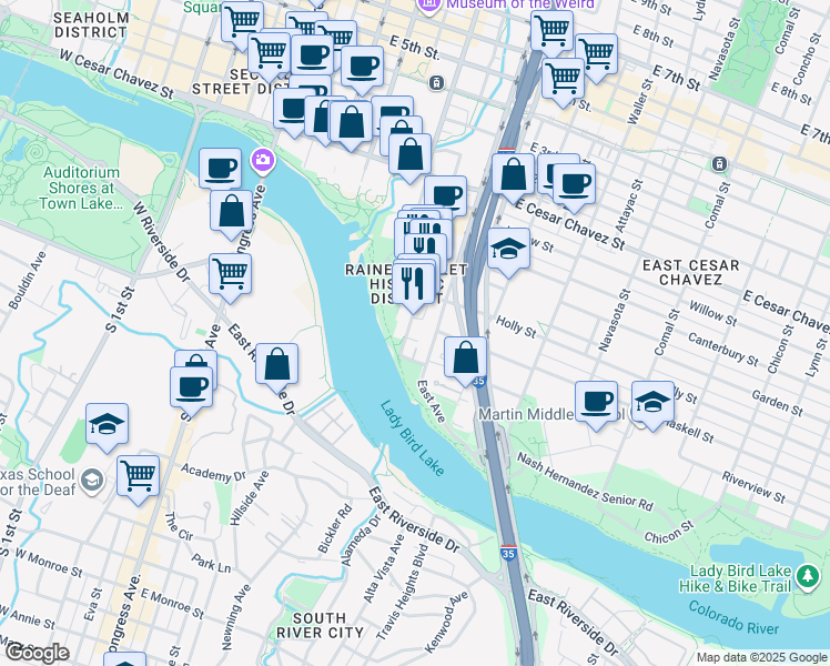 map of restaurants, bars, coffee shops, grocery stores, and more near 54 Rainey Street in Austin