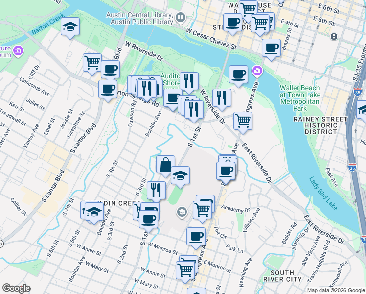 map of restaurants, bars, coffee shops, grocery stores, and more near 614 South 1st Street in Austin