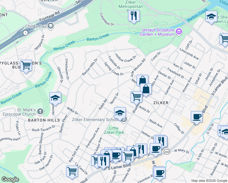 map of restaurants, bars, coffee shops, grocery stores, and more near 1704 Rabb Road in Austin