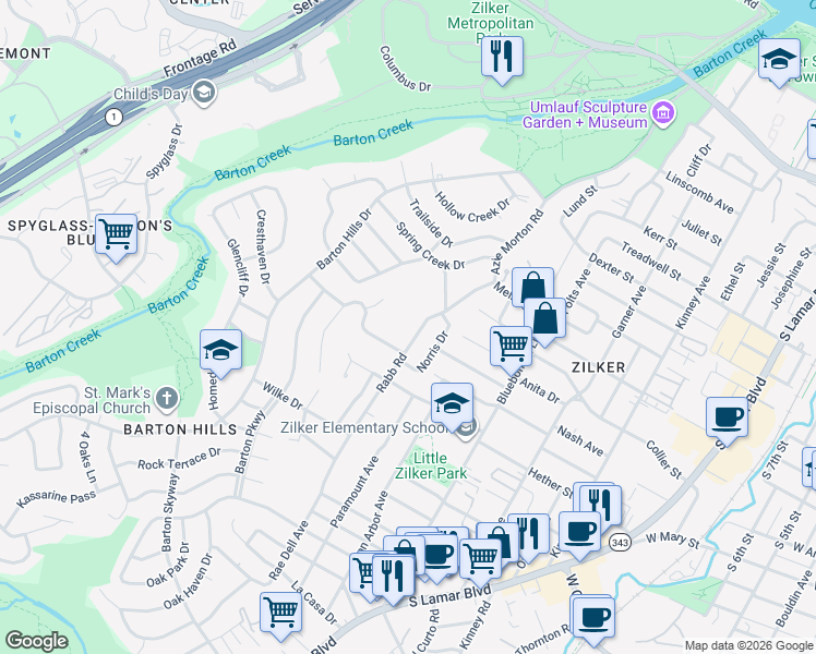 map of restaurants, bars, coffee shops, grocery stores, and more near 1704 Rabb Road in Austin