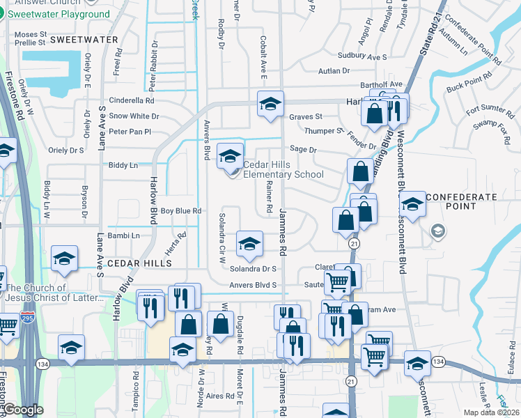 map of restaurants, bars, coffee shops, grocery stores, and more near 4531 Ish Brant Road South in Jacksonville