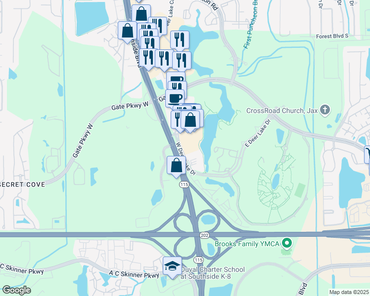 map of restaurants, bars, coffee shops, grocery stores, and more near 300 West Deer Lake Drive in Jacksonville