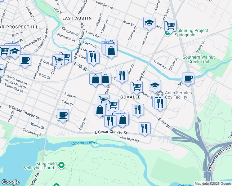map of restaurants, bars, coffee shops, grocery stores, and more near 610 Gunter Street in Austin
