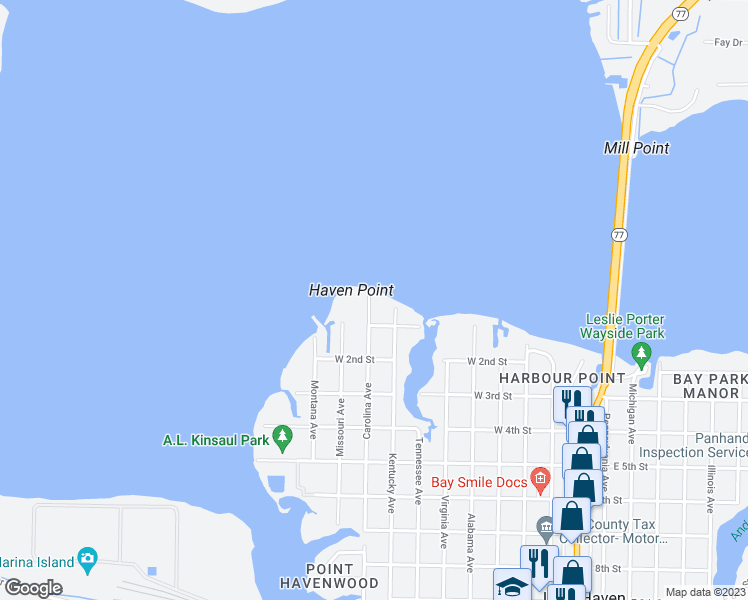 map of restaurants, bars, coffee shops, grocery stores, and more near 95 Carolina Avenue in Lynn Haven