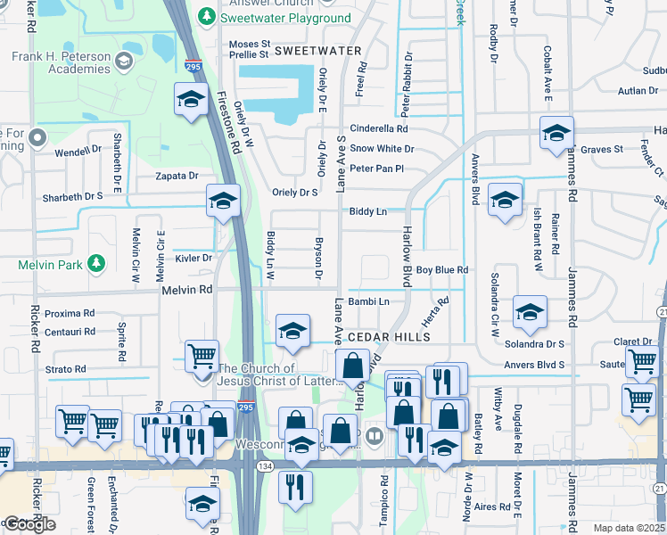 map of restaurants, bars, coffee shops, grocery stores, and more near 4532 Lane Avenue South in Jacksonville