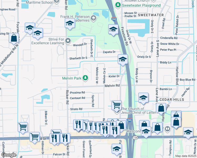 map of restaurants, bars, coffee shops, grocery stores, and more near 4519 Melvin Circle East in Jacksonville