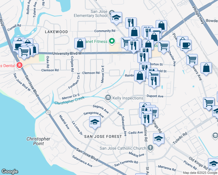 map of restaurants, bars, coffee shops, grocery stores, and more near 2737 Christopher Creek Road West in Jacksonville