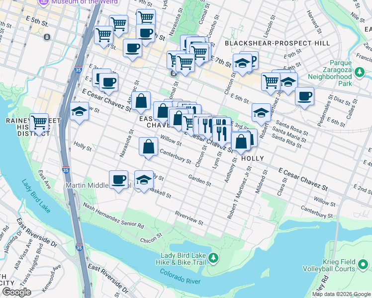 map of restaurants, bars, coffee shops, grocery stores, and more near 1707 Willow Street in Austin