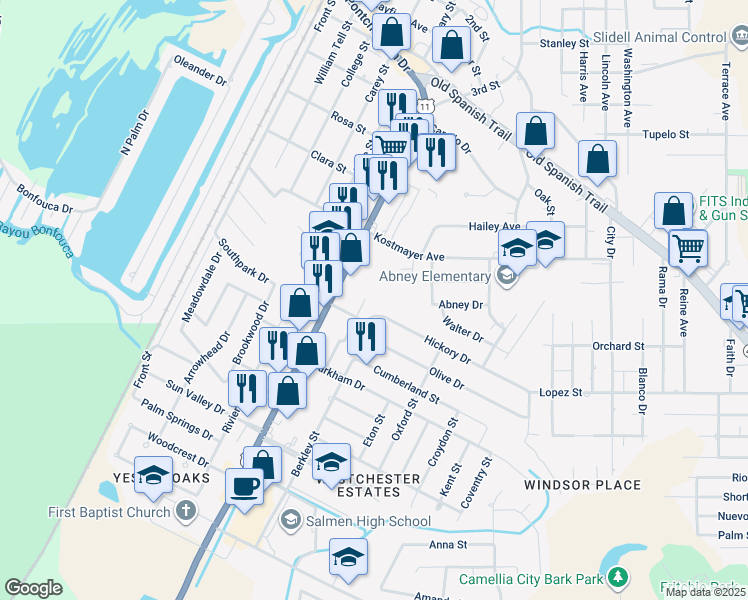 map of restaurants, bars, coffee shops, grocery stores, and more near 3500 Elizabeth Street in Slidell