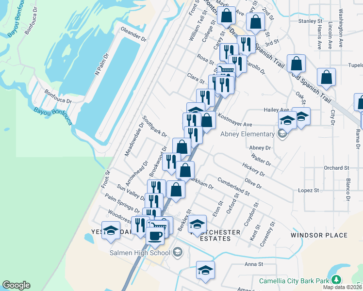 map of restaurants, bars, coffee shops, grocery stores, and more near 3634 Riviera Drive in Slidell