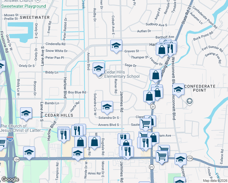 map of restaurants, bars, coffee shops, grocery stores, and more near 4531 Ish Brant Road South in Jacksonville