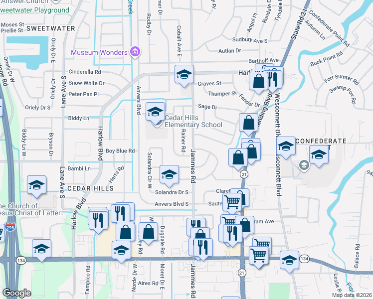 map of restaurants, bars, coffee shops, grocery stores, and more near 4525 Rainer Road in Jacksonville