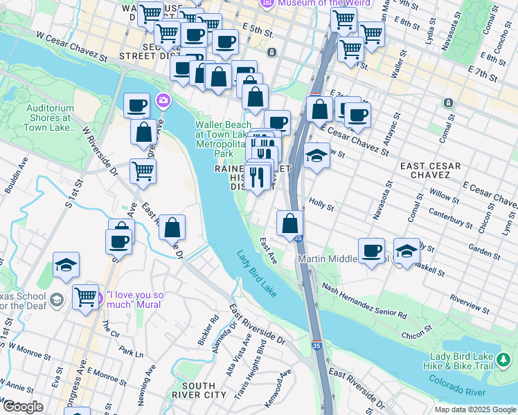 map of restaurants, bars, coffee shops, grocery stores, and more near 54 Rainey Street in Austin