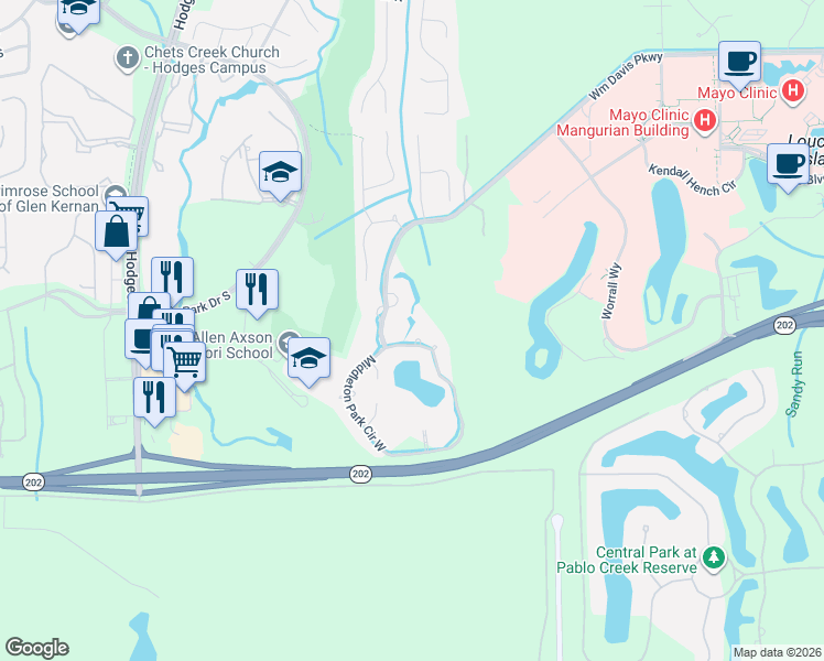map of restaurants, bars, coffee shops, grocery stores, and more near 4509 Middleton Park Circle West in Jacksonville
