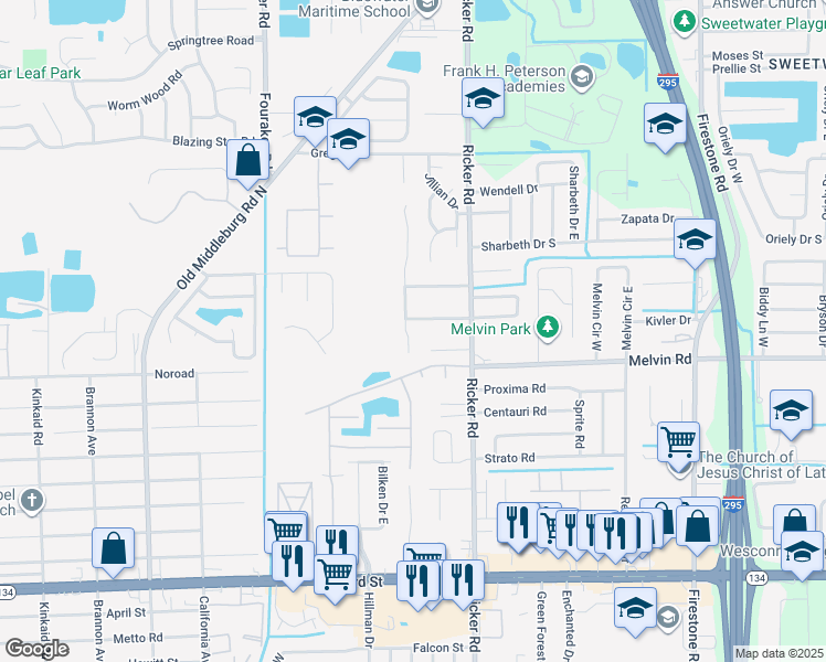 map of restaurants, bars, coffee shops, grocery stores, and more near 4511 Melissa Court West in Jacksonville