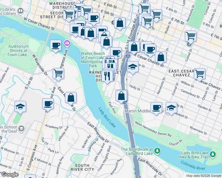 map of restaurants, bars, coffee shops, grocery stores, and more near 51 East Avenue in Austin