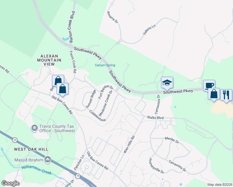 map of restaurants, bars, coffee shops, grocery stores, and more near 7900 Cobblestone in Austin