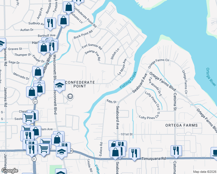 map of restaurants, bars, coffee shops, grocery stores, and more near 5588 La Moya Avenue in Jacksonville