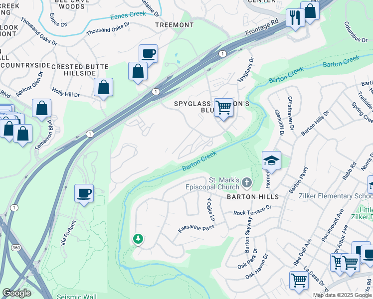 map of restaurants, bars, coffee shops, grocery stores, and more near 1707 Spyglass Drive in Austin