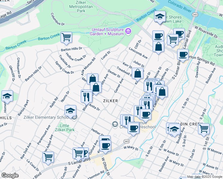 map of restaurants, bars, coffee shops, grocery stores, and more near 1809 Dywer Avenue in Austin