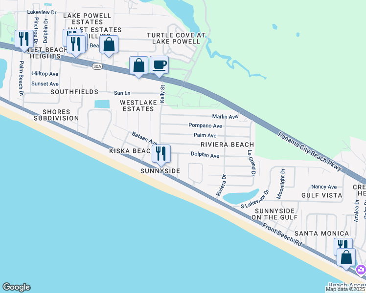 map of restaurants, bars, coffee shops, grocery stores, and more near 21715 Sunset Avenue in Panama City