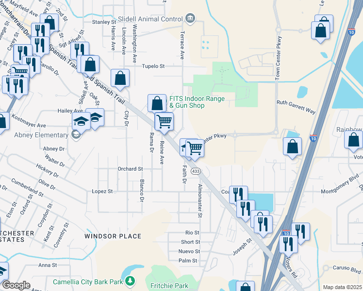 map of restaurants, bars, coffee shops, grocery stores, and more near 1454 Old Spanish Trail in Slidell