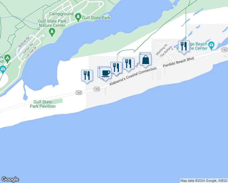 map of restaurants, bars, coffee shops, grocery stores, and more near 22988 Perdido Beach Boulevard in Orange Beach