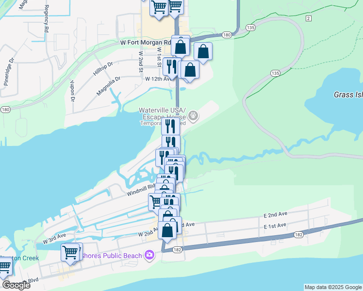 map of restaurants, bars, coffee shops, grocery stores, and more near 832-840 Gulf Shores Parkway in Gulf Shores