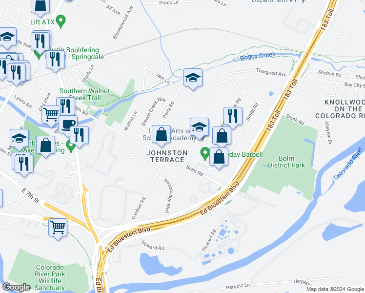 map of restaurants, bars, coffee shops, grocery stores, and more near 6106 Calmar Cove in Austin