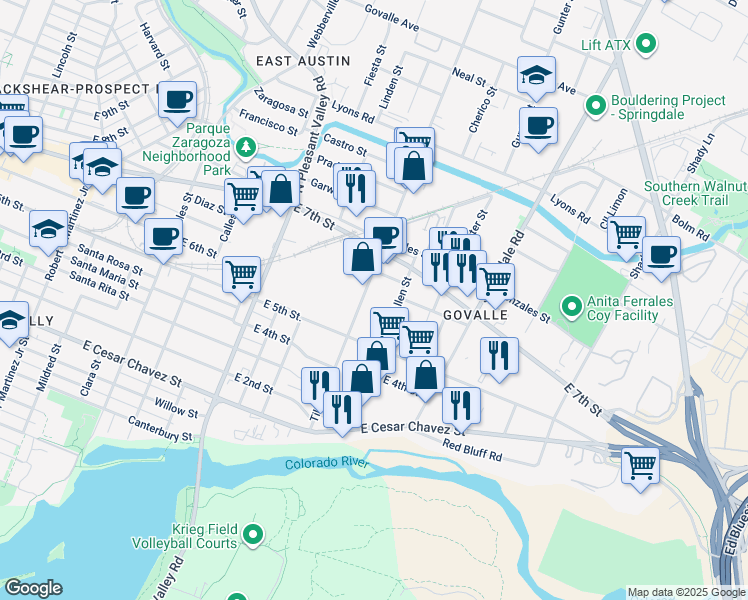 map of restaurants, bars, coffee shops, grocery stores, and more near 606 Allen Street in Austin