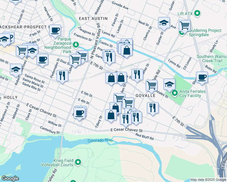 map of restaurants, bars, coffee shops, grocery stores, and more near 606 Allen Street in Austin