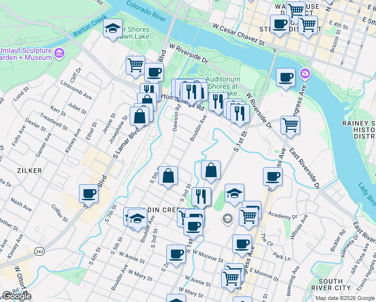 map of restaurants, bars, coffee shops, grocery stores, and more near in Austin