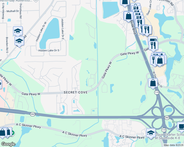 map of restaurants, bars, coffee shops, grocery stores, and more near 8539 Gate Parkway West in Jacksonville