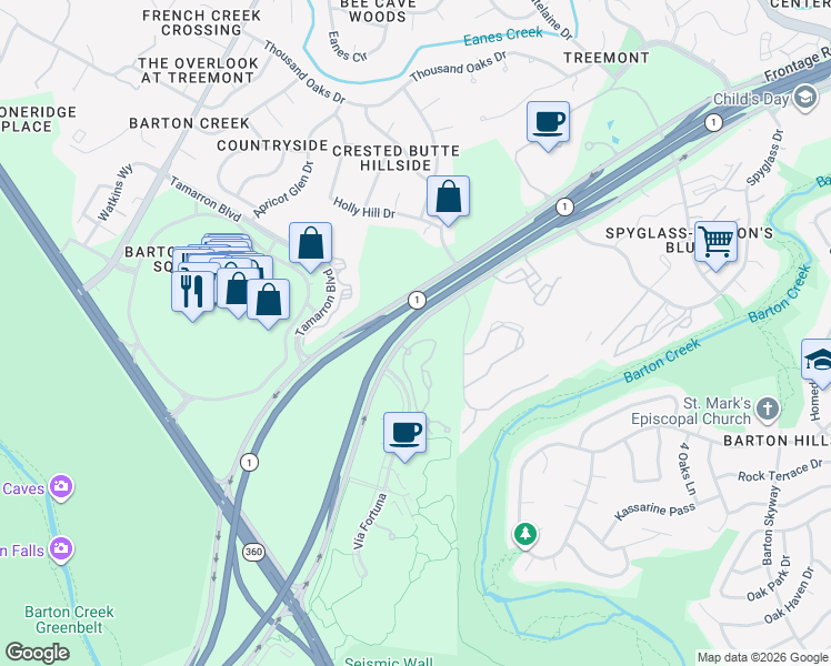 map of restaurants, bars, coffee shops, grocery stores, and more near 2301 South MoPac Expressway in Austin