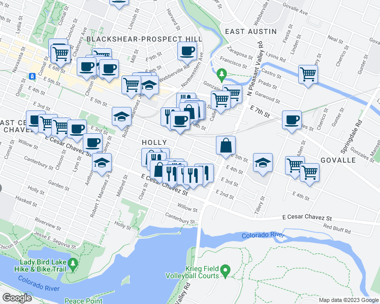 map of restaurants, bars, coffee shops, grocery stores, and more near E 4th St & San Saba St in Austin