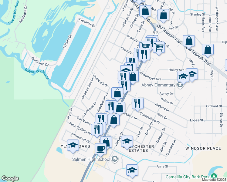 map of restaurants, bars, coffee shops, grocery stores, and more near 3634 Riviera Drive in Slidell