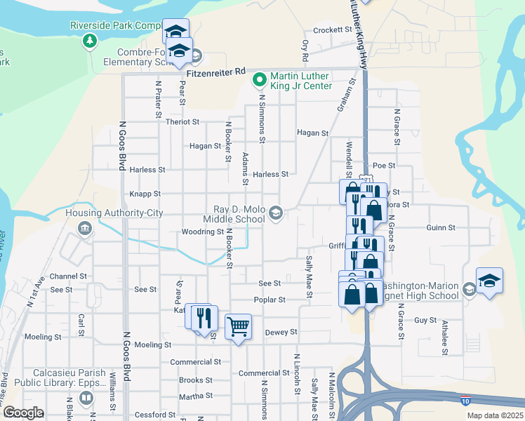 map of restaurants, bars, coffee shops, grocery stores, and more near 2300 Medora Street in Lake Charles