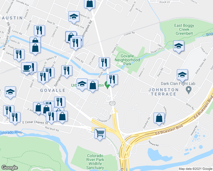 map of restaurants, bars, coffee shops, grocery stores, and more near 814 Airport Boulevard in Austin